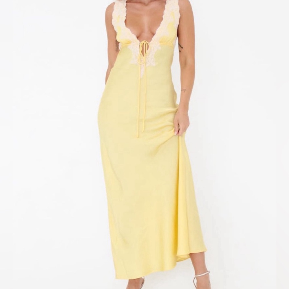 Rumored Yellow Lace-Trim Slip Dress
